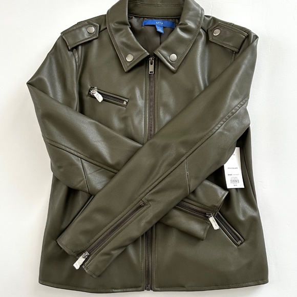 Apt 9 Olive Green Faux Leather Moto Jacket Zip Front Women's Size PXS - Picture 1 of 14